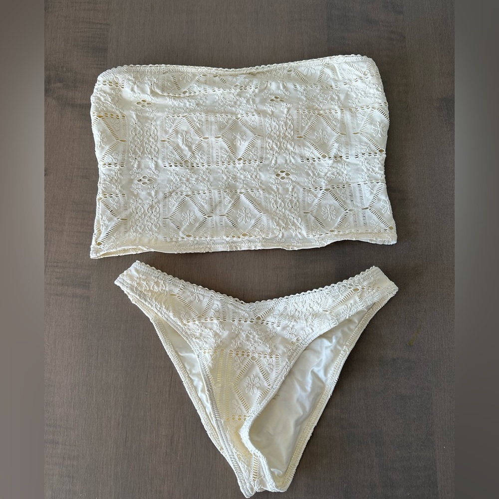 Frankie’s Bikinis peace patchwork strapless bikini set